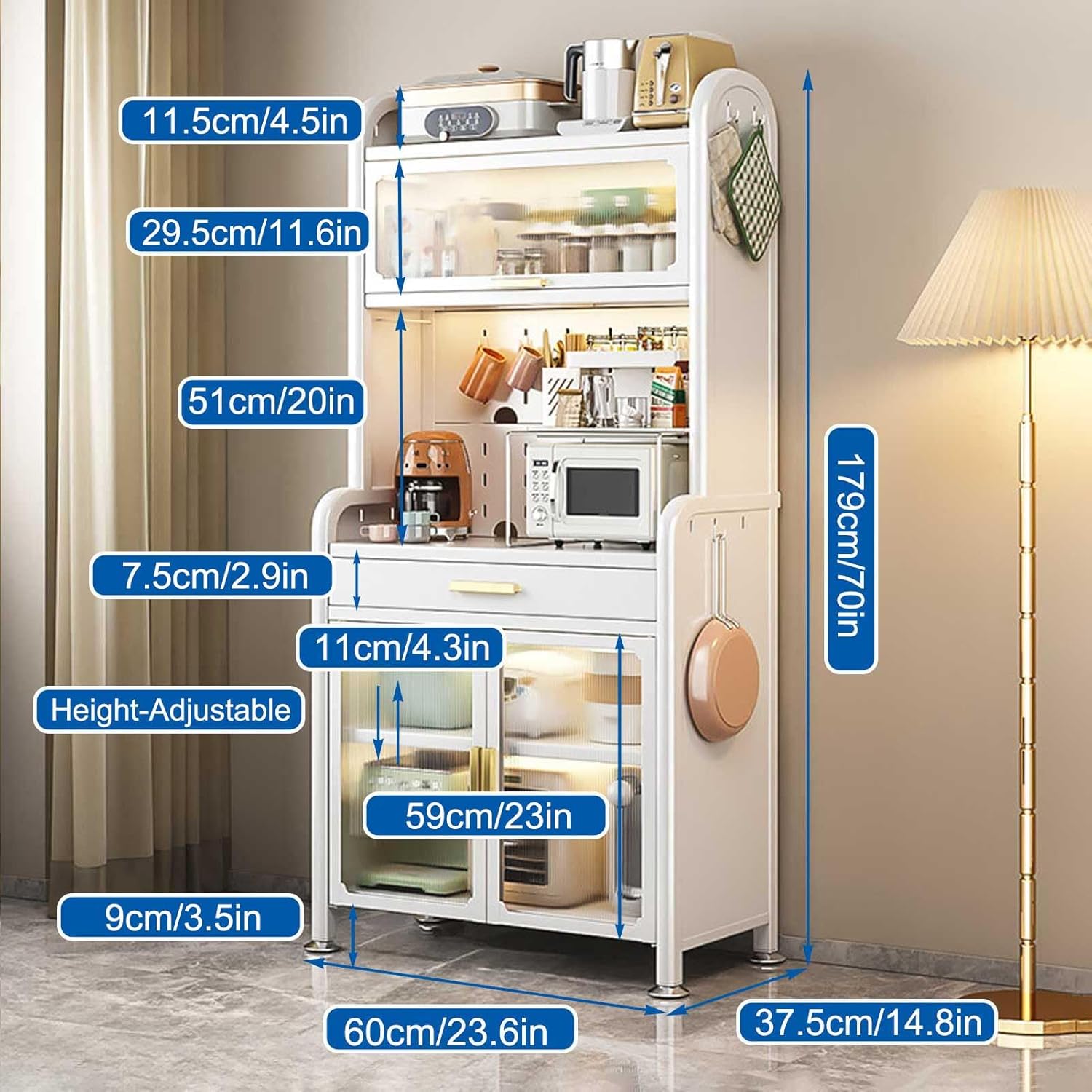 Black 5 Tier Kitchen Bakers Rack with Adjustable Shelf and Storage Drawer Multifunctional Microwave Stand Buffet Coffee Bar Cabinet Pantry Organizer for Tall Spaces.