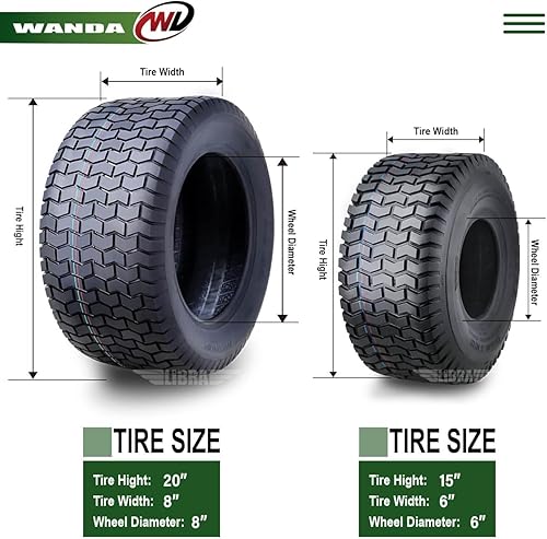 Miniatura 2 de WANDA Juego de 4 neumáticos de césped de 15X6-6 y 20X8-8 para cortacésped, carrito de césped, 4 capas, 1311413131