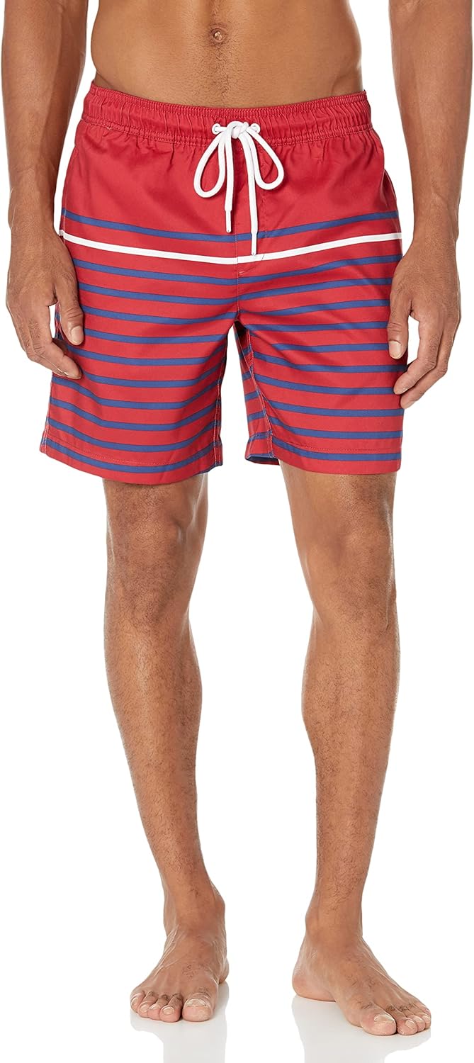 Amazon Essentials Men's 7" Quick-Dry Swim Trunk X-Large Red Stripe