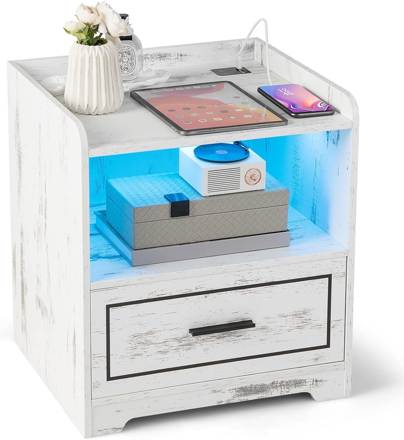 FANTASK Comodino con luce LED, porta USB e stazione di ricarica di tipo C con vano aperto e cassetto, comodino con rilevatore di movimento, bianco