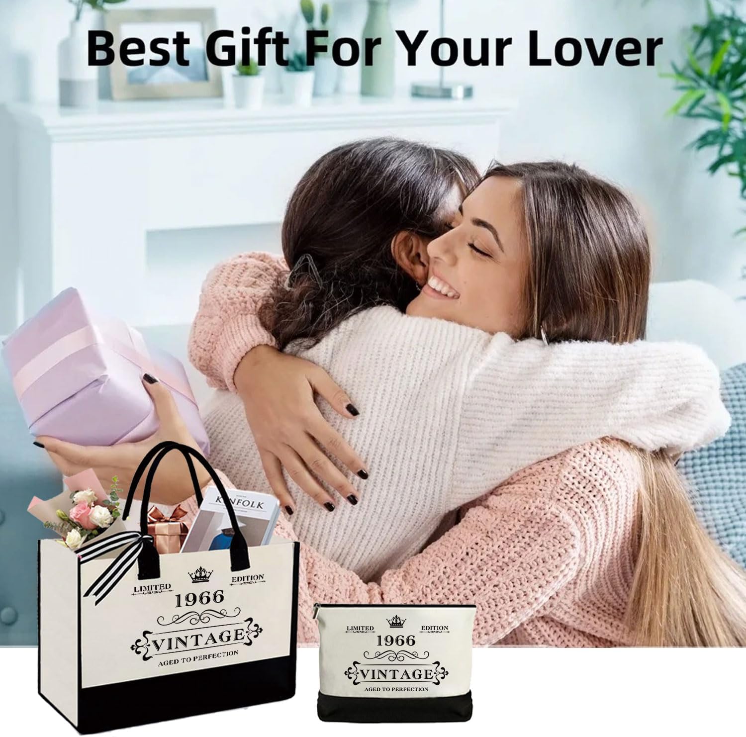 60th Birthday Gifts for Women Canvas Tote Bag, Vintage 1966 Beach Bag and Cosmetic Bag, Unique 60 Year Old Birthday Gifts for Wife Mom Sister Aunt Friends Her - Image 7