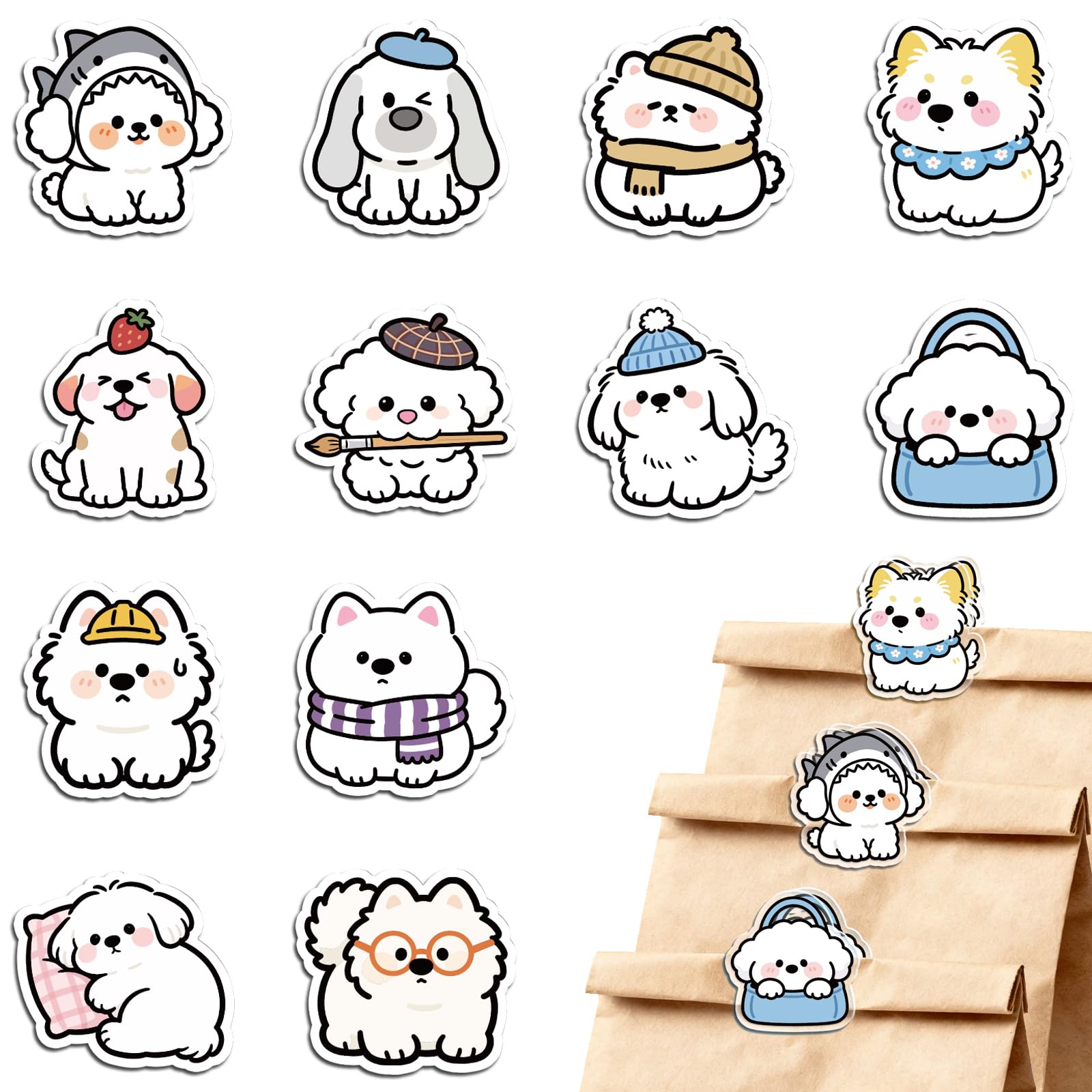 MAYJOYDIY 24Pcs 12 Styles Funny Dog Shaped Acrylic Chip Clips Little White Dog Bag Sealer Sealing Closures Cute Animal Bag Clips for Food Storage Airtight Seal Grip