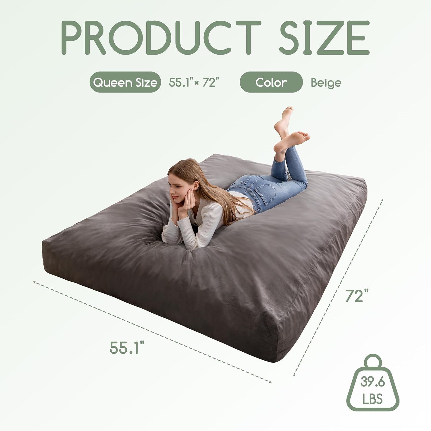 giant bean bag chair bed for adults, convertible beanbag folds from lazy chair to floor mattress bed with machine washable cover, large floor sofa couch with high-density foam filling