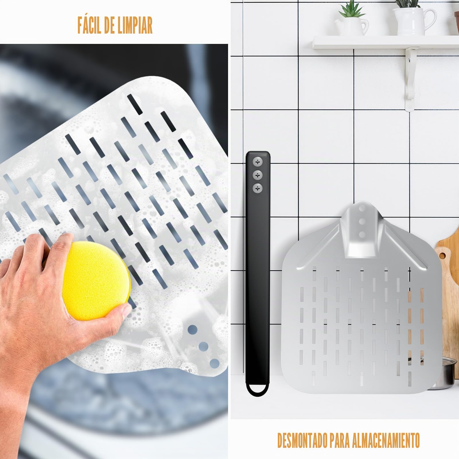 Juego de 4 Utensilios para Pizza, Pala para Pizza Perforada de 30 cm, Pala de Pizza de Aluminio de 23 cm, Cortador de Pizza Profesional y Cepillo para Horno de Pizza