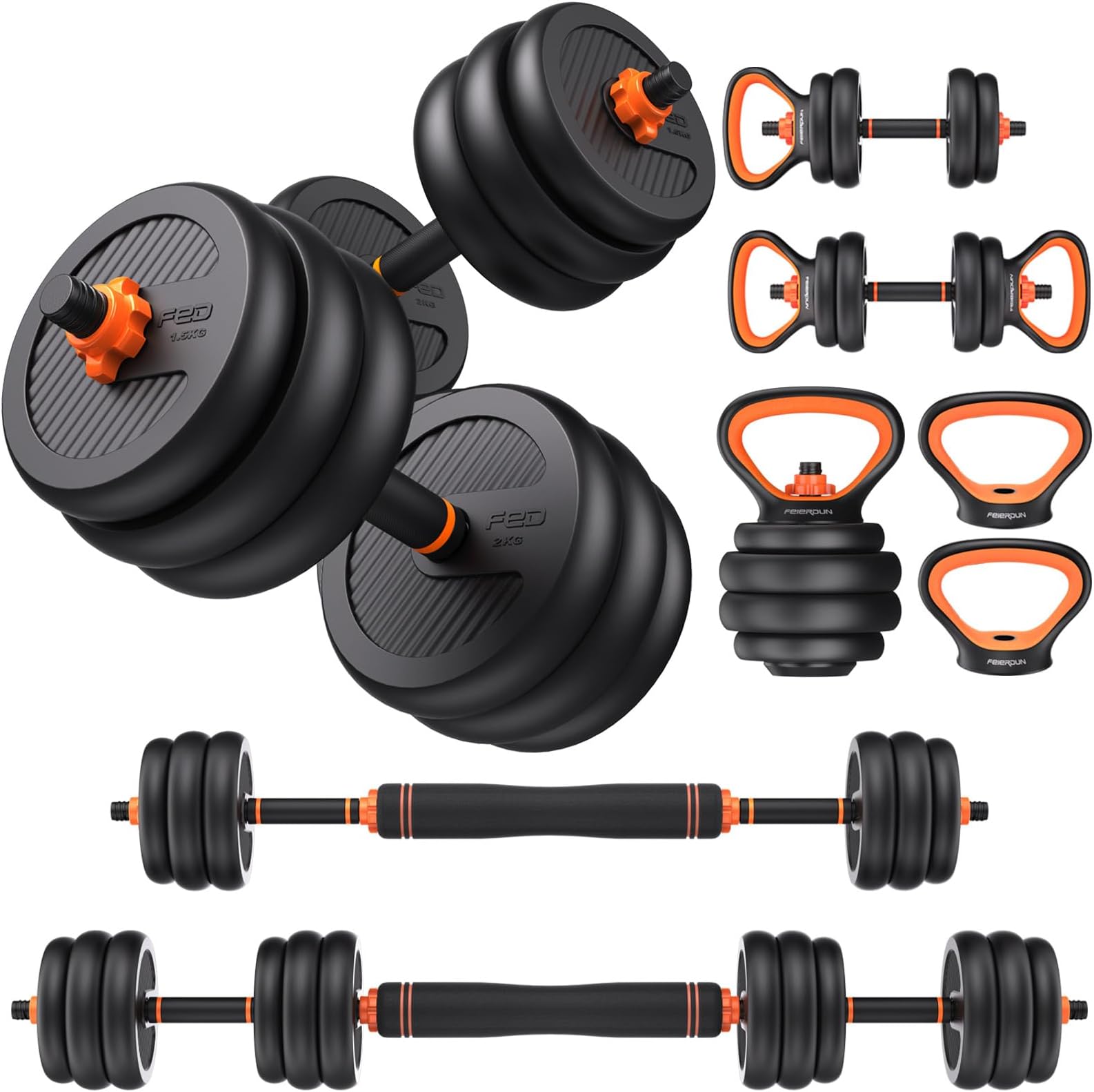 FEIERDUN Adjustable Dumbbells, 20/30/40/50/70/90lbs Free Weight Set with Connector, 5 in1 Dumbbells Set Used as Barbell, Kettlebells, Push up Stand, Weight Plate, Fitness Exercises for Home Gym