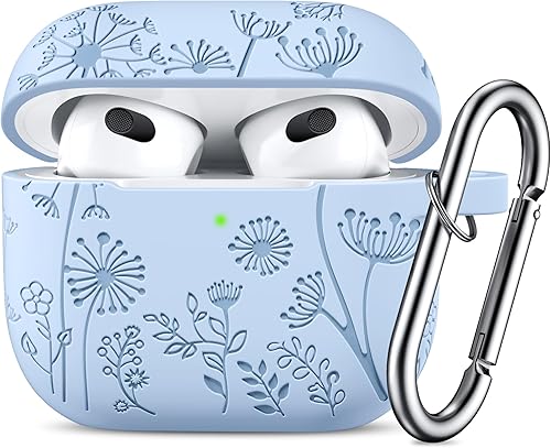 Lerobo Funda con grabado de flores, compatible con AirPods de 3 generación, con accesorios para llavero, funda de silicona para Apple AirPod de 3