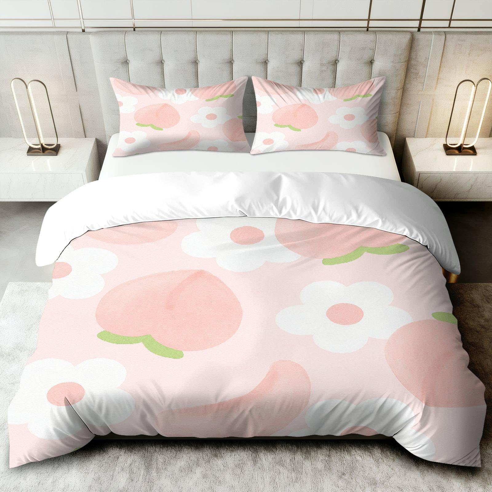 Housse de couette 240 x 260 motif floral parure de lit 3 pièces rose et pêche thème romantique