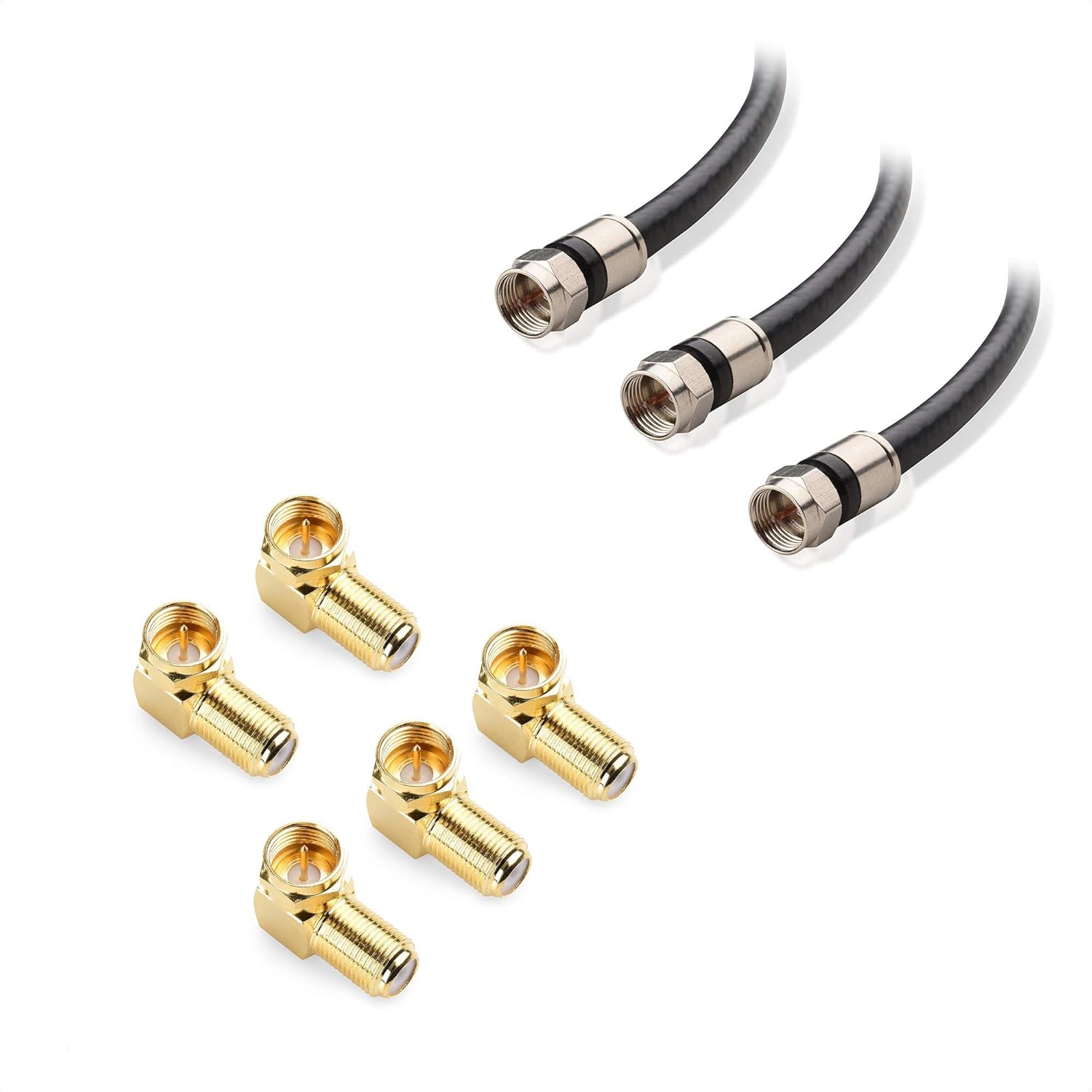 Cable Matters 3-Pack CL2 in-Wall Rated (cm) Quad Shielded Coaxial Cable (RG6 Cable, Coax Cable) in Black 1.5 Feet & 5-Pack Gold Plated Right Angle F-Type Coaxial RG6 Adapter : Electronics