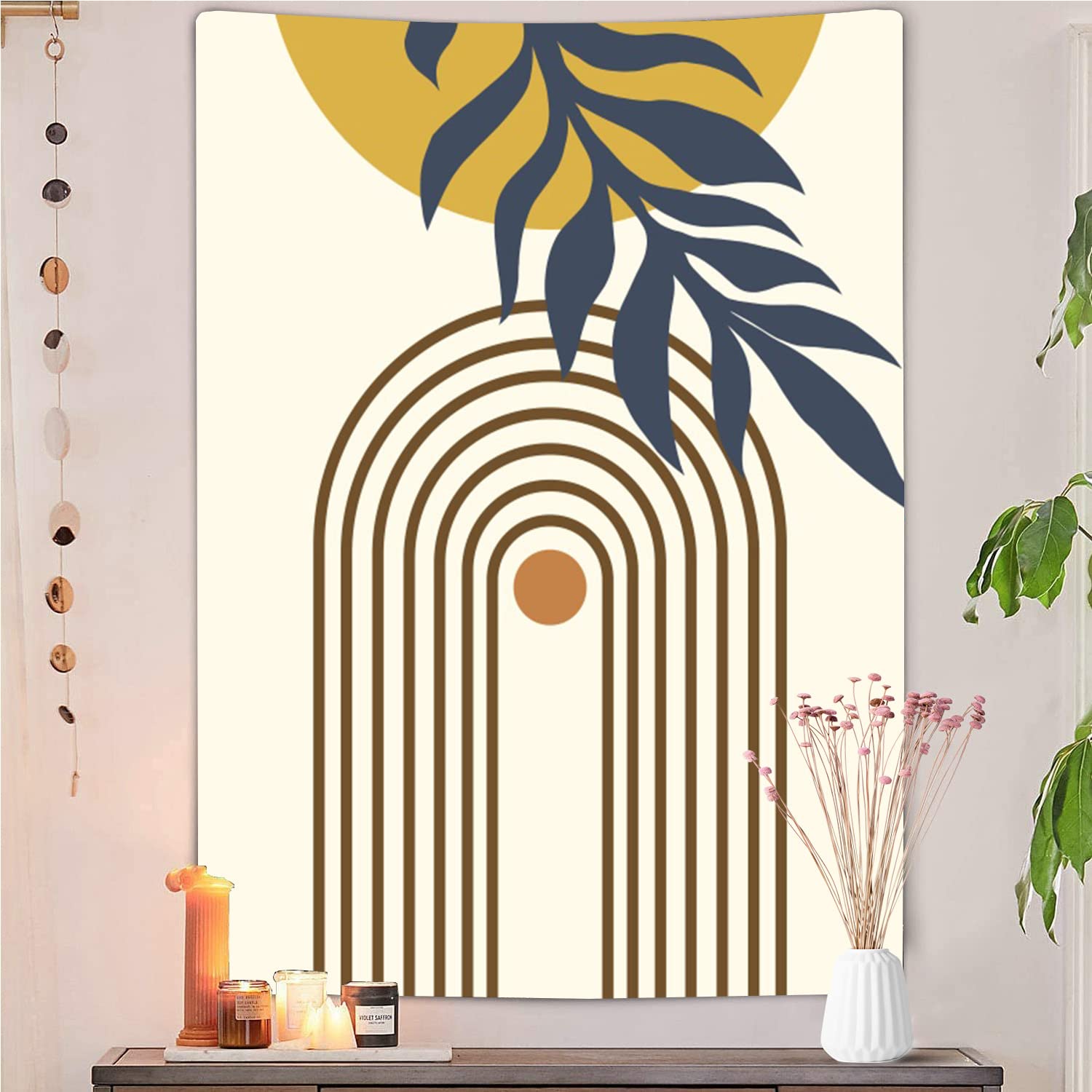 Boho Mid Century Tapestry Wall Hanging Abstract Terracotta Minimalist Art Tapestry Modern Vintage Geometric Green Leaf Tapestries Wall Art for Bedroom Living Room Hippie Party Decor, 40X60 Inches