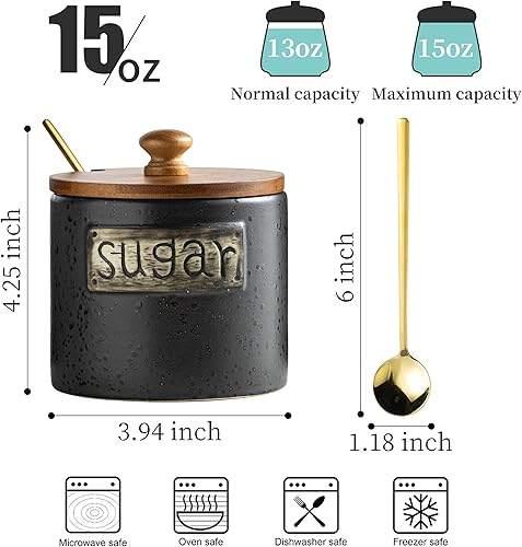 Miniatura 2 de LYEOBOH Azucarero negro con tapa y cuchara, contenedor de azúcar de granja de 15 onzas para accesorios de cafetería, recipientes de almacenamiento