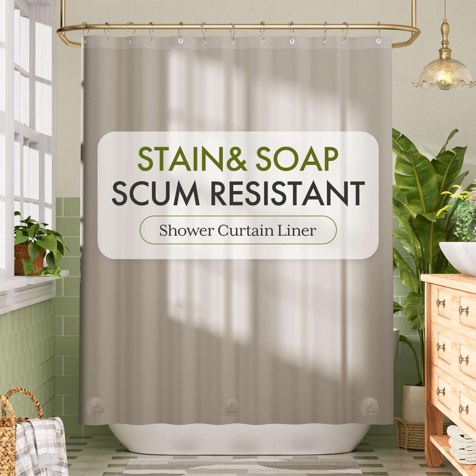 Bathway Shower Curtain Liner, Tan Shower Curtain Liner 72x72 PEVA Waterproof Shower Curtain Liner Plastic with 3 Magnets and 12 Rustproof Metal Grommets, Lightweight Khaki Shower Liner for Bathroom