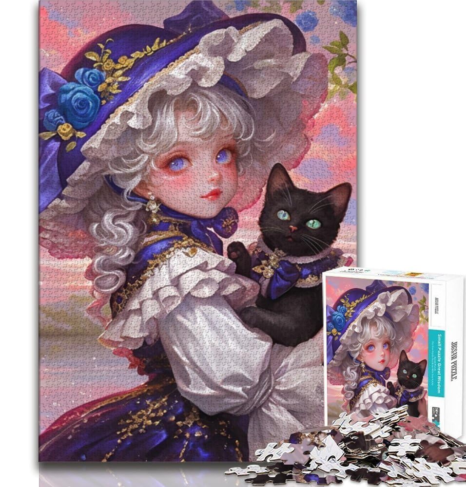 1000 Pieces Jigsaw Puzzle for Adults& Teens Anime Girl And Cat Adult Puzzles,Family Game Stress Reliever Difficult Challenge Suitable for Couples 38x26cm