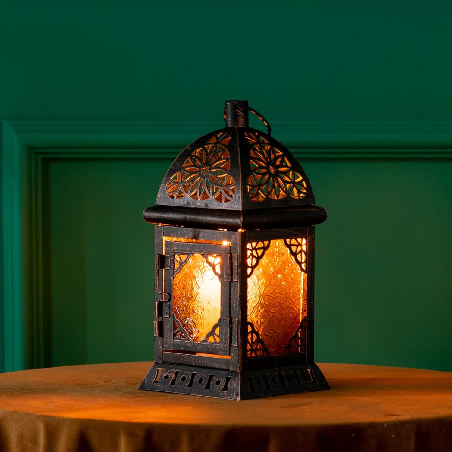 DECORKEY Vintage Large Size Decorative Ramadan Candle Lantern, Moroccan Style Hanging Lantern, Metal Tabletop Lantern Decor, Christmas Candle Holders for Outdoor Patio (Amber) : Home & Kitchen