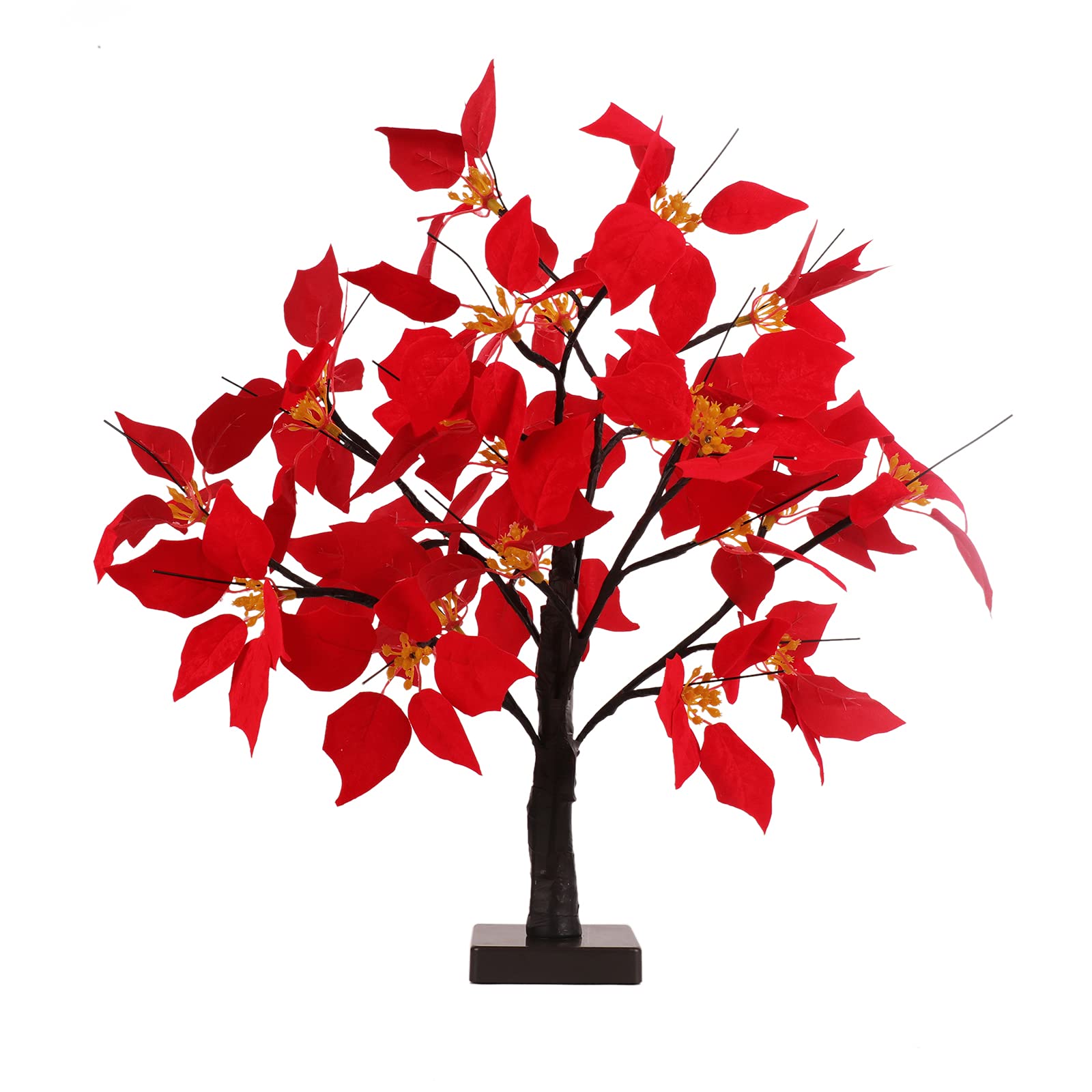 Marooma Christmas Poinsettia Tree with Lights, 20inch Artificial Poinsettia Tabletop Tree Mini Poinsettia LED Twig Tree Ornament Miniature Desk Trees
