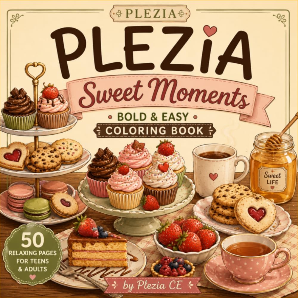 PLEZIA: Sweet Moment: A Bold and Easy Coloring Book Featuring Cozy Desserts, Warm Drinks, Bakery Scenes, and Relaxing Sweet Treats for Teens & Adults