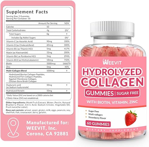 Miniatura 2 de Gominolas de colágeno sin azúcar para mujeres, proteína de colágeno tipo I, II, III, V, X con biotina, vitamina C, D, B12, gomitas de péptidos de