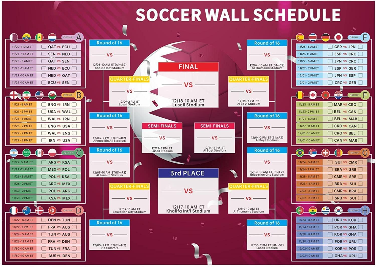 Amazon.co.jp: World Cup 2022 Poster World Cup Schedule World Cup Wall Chart  2022 Qatar Football Tournament Wall Poster Writing 64 Games, Participating  Teams, Dates and Kick-off Times Home Office Calendar Bar Decor :