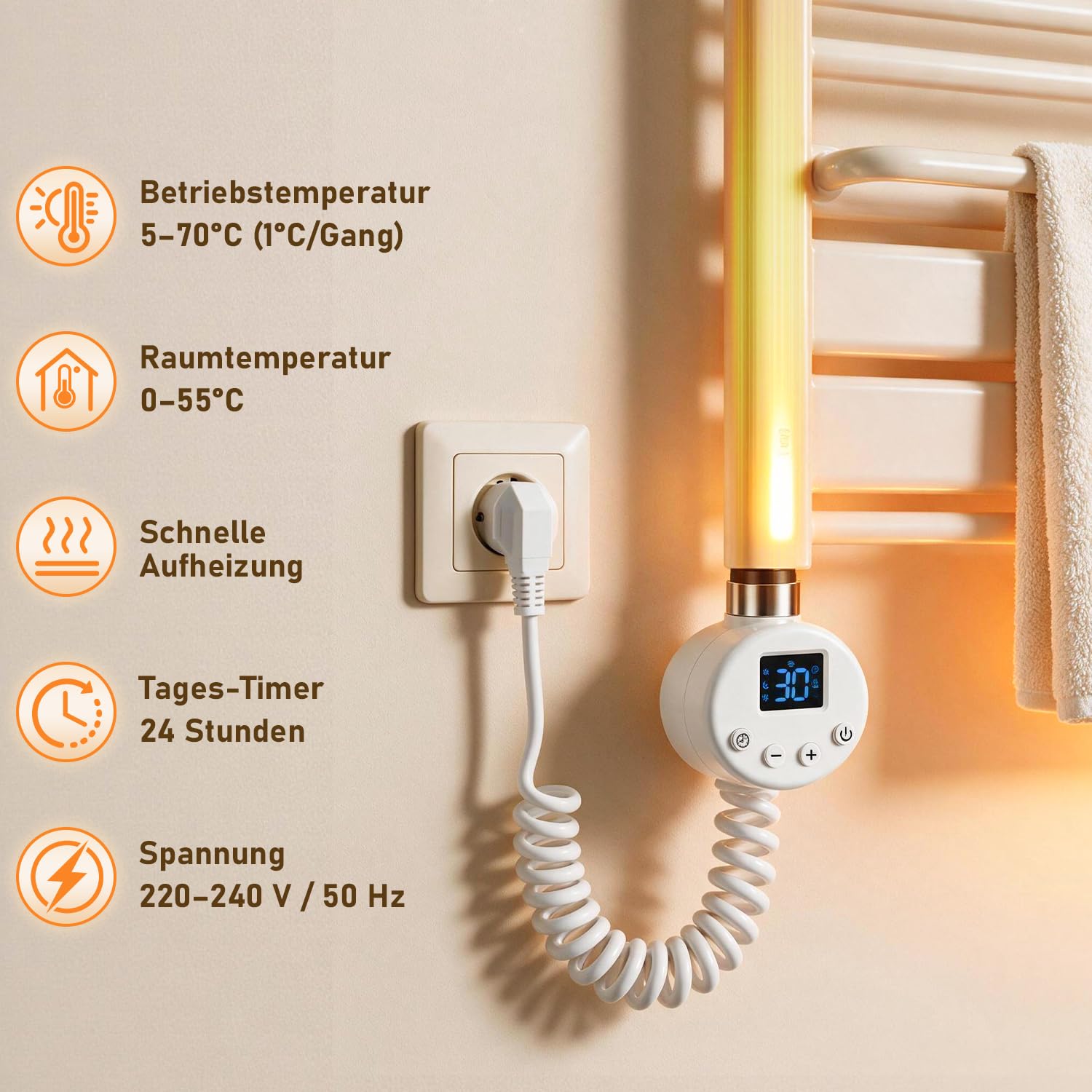 WiFi Heizstab 600W Weiß für Badheizkörper, 4 Heizmodi