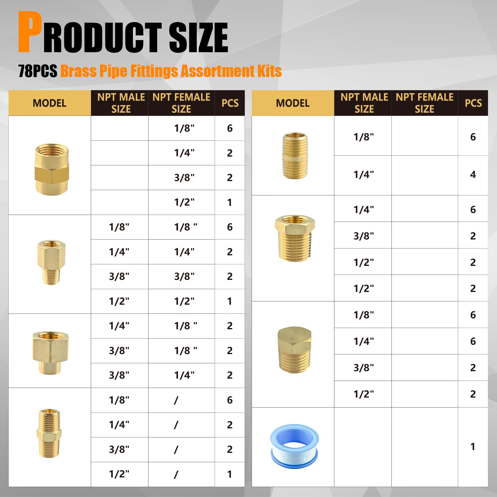 ANRIWT 78PCS Brass Pipe Fittings Assortment Kit NPT Adapter, Hex Nipple, Hex Coupling, Reducer Busing, Hex Coupling, Close Nipple, Hex Head Plug Brass Fittings Kits