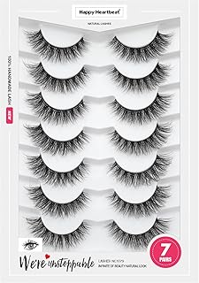 3D Clear Band Lashes 14mm Natural Soft Faux Mink Lashes Cat Eye Wispy Short Cross Reusable False EyeLashes 7 Pairs Happy Heartbeat(No.200)