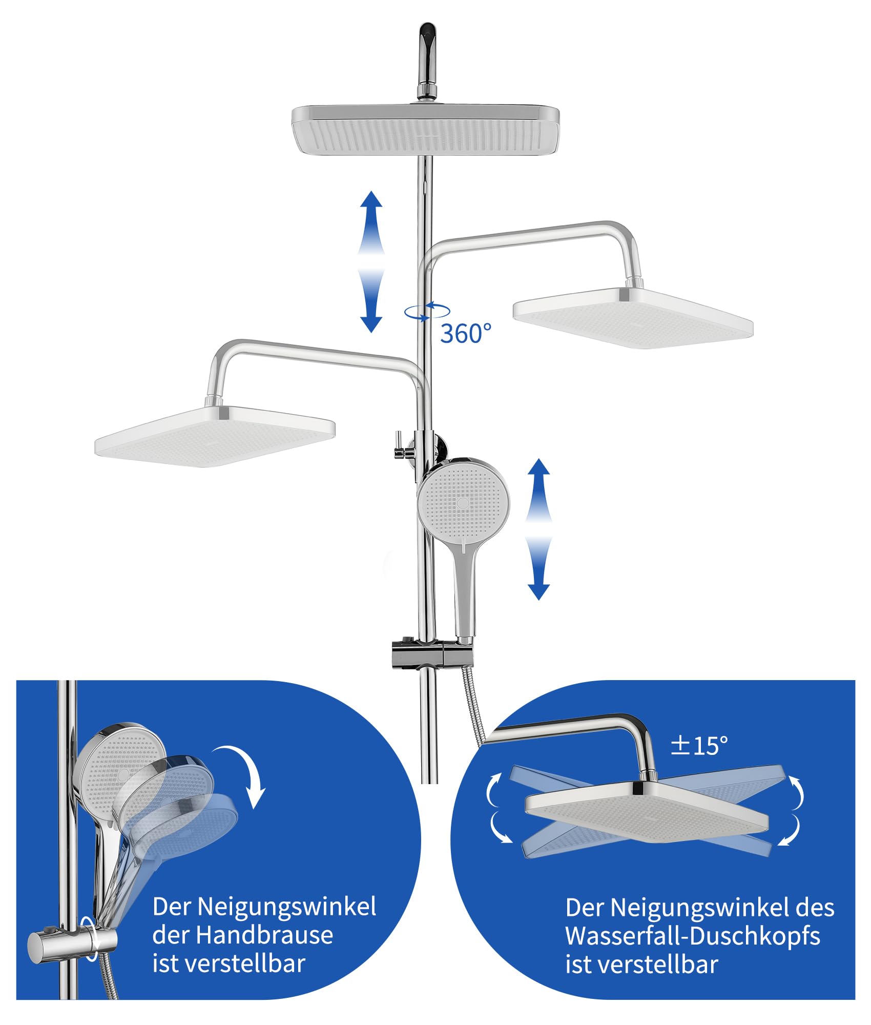 Juego completo de termostato de ducha de lluvia, grifo de ducha de acero inoxidable con alcachofa superior de 30 cm, barra de ducha regulable en altura de 83 – 126 cm, 3 tipos de chorro, alcachofa de