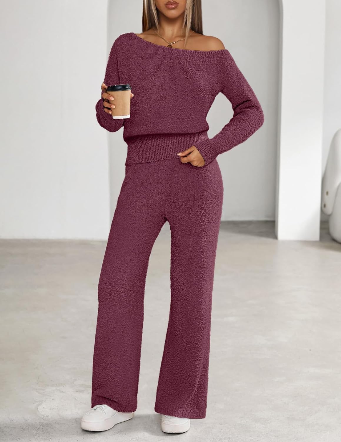 MEROKEETY Women's Fall Pajama Set Fuzzy Fleece 2 Piece Loungewear Off Shoulder Sweater Tops Wide Leg Pants Matching Outfits - Image 2