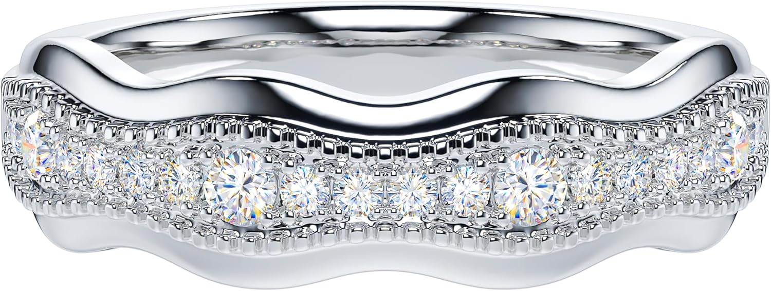 THELANDA Genuine Moissanite or Simulated Diamond Sterling Silver Antique Milgrain Wave Shape Eternity Band Wedding Ring