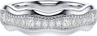 THELANDA Genuine Moissanite or Simulated Diamond Sterling Silver Antique Milgrain Wave Shape Eternity Band Wedding Ring