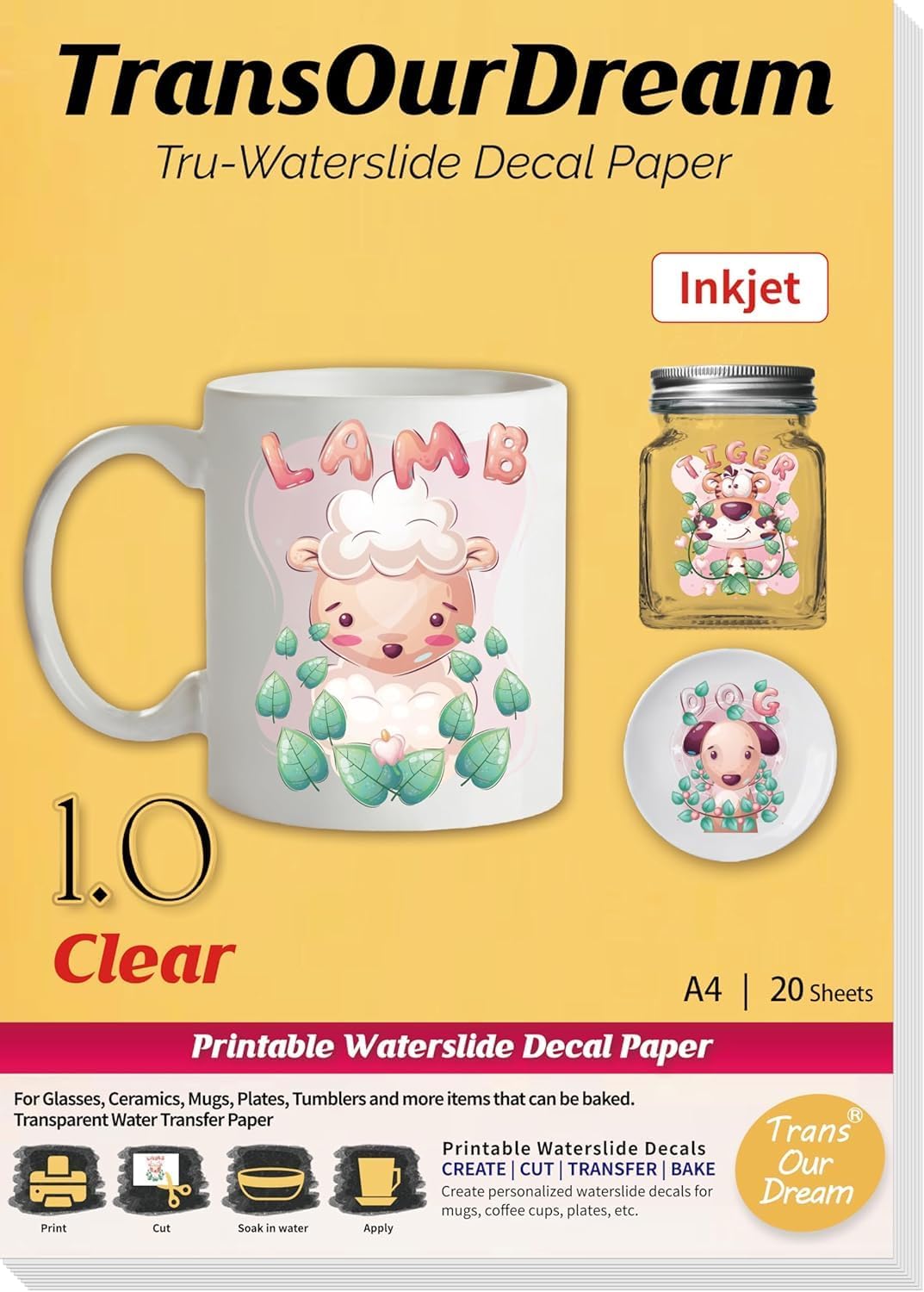 WaterSlide Decal Paper Inkjet CLEAR (20 Sheets, A4 Size) Transparent Water Slide Transfer Paper Printable Waterslide Decals for Tumblers, Mugs, Glasses, Ceramics(ARAB-6-20)