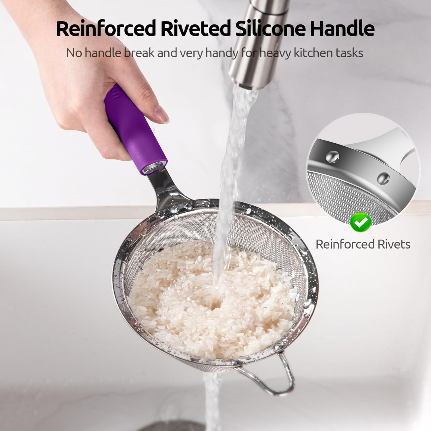 U-Taste 18/8 Stainless Steel Measuring Cups and Spoons (Set of 10, Purple), and Fine Mesh Strainer with Sturdy Riveted Silicone Handle and Strong Frame (Purple)