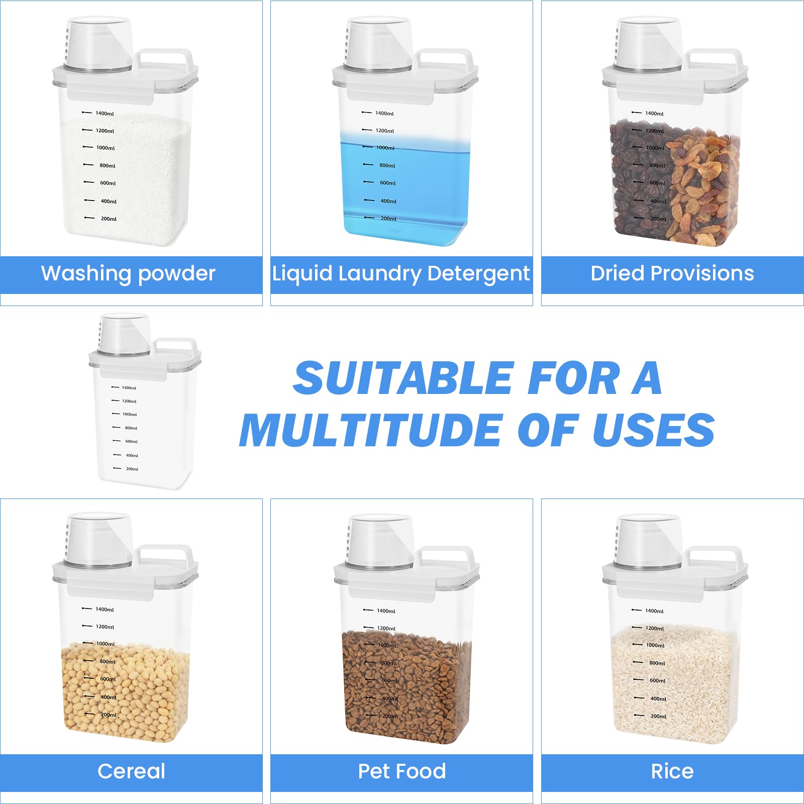 Zorplex 1800 ml Dispenser Detersivo con Misurino, Contenitori Ermetici Trasparenti per Detersivo in Polvere e Liquido, Scatole Salvaspazio Multifunzione per Bucato, Cereali, Zucchero e Alimenti Secch