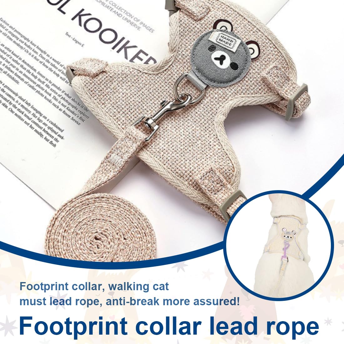 Guinzaglio e Pettorina per Coniglio Nano - Imbracatura Regolabile con Accessori per Piccoli Animali, 120cm, per 1-1,5 kg (Beige)