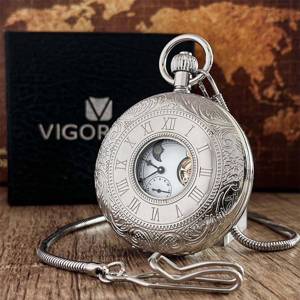 VIGOROSO Mechanische Taschenuhr mit Handaufzug für Herren, halbe Jäger-Doppelabdeckungen