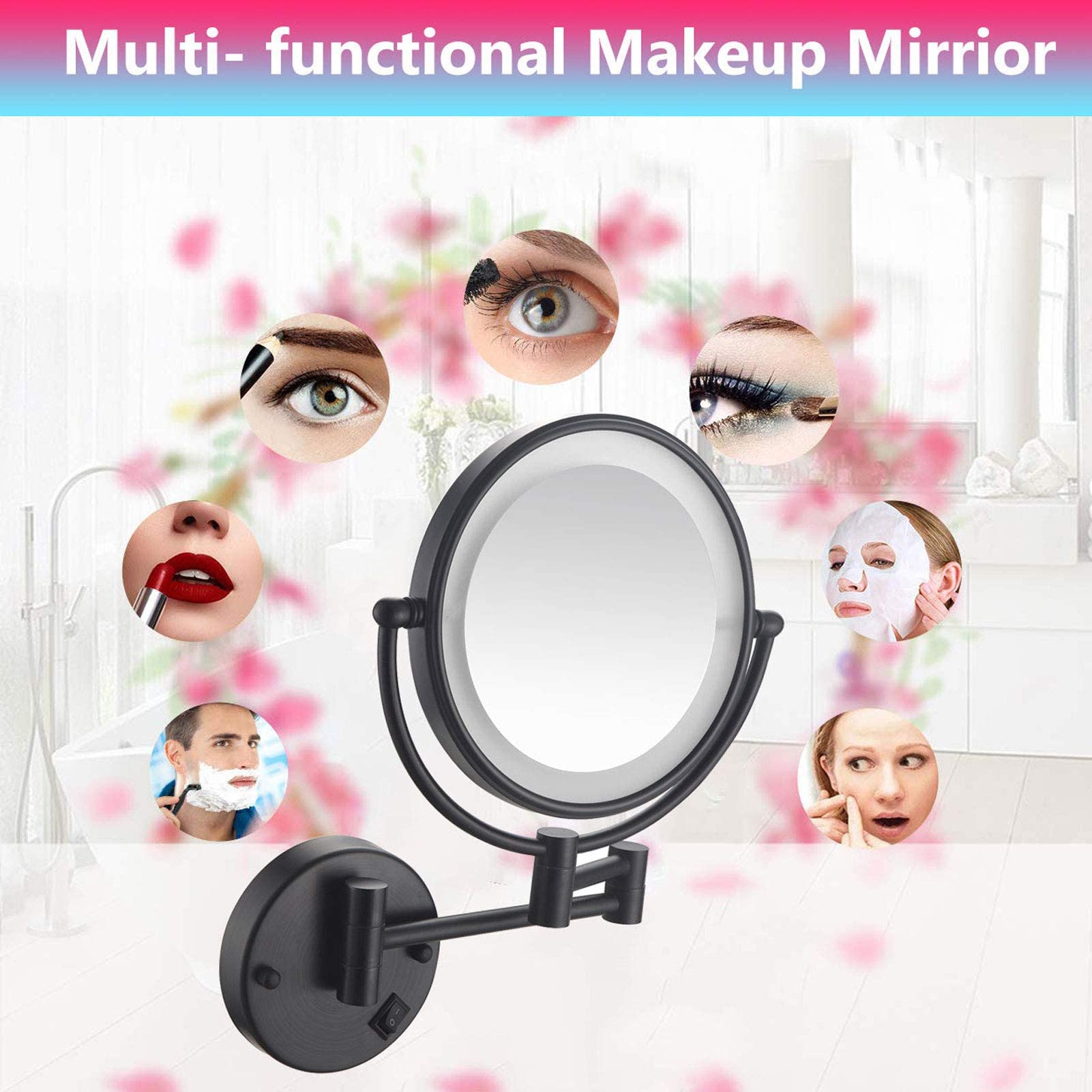 Specchio for trucco da parete con luci e ingrandimento 5X, specchio for trucco da parete girevole a doppia faccia da 8 pollici Specchietti da trucco estensibili neri Due lati 360 Girevoli Viso cosmeti