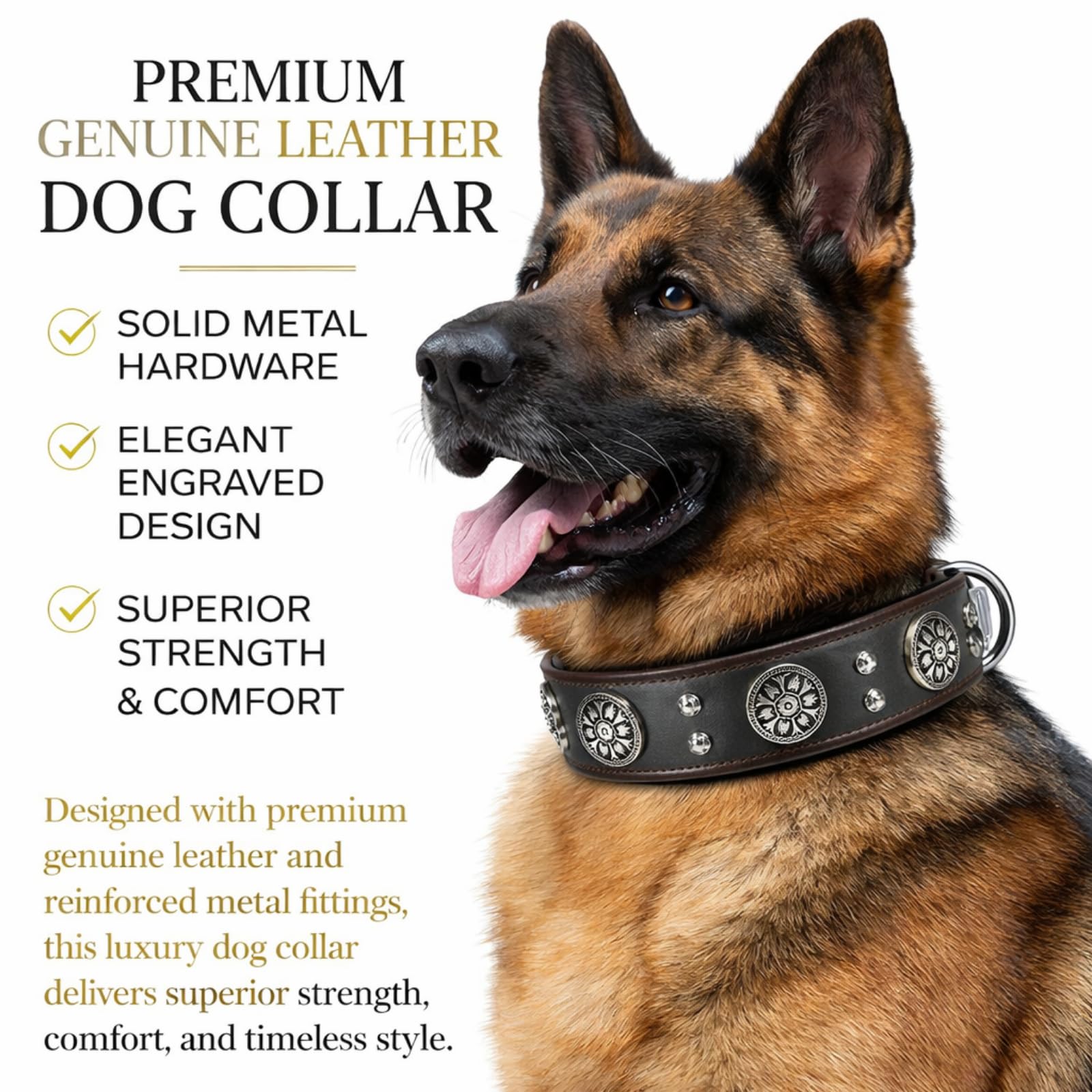 Handgefertigtes Hundehalsband aus echtem Leder, 5,1 cm breit, strapazierfähig, weich und luxuriös, Western-Design mit Doppelzinken-Schnalle, ideal für große und mittelgroße Hunderassen, Braun, Größe M