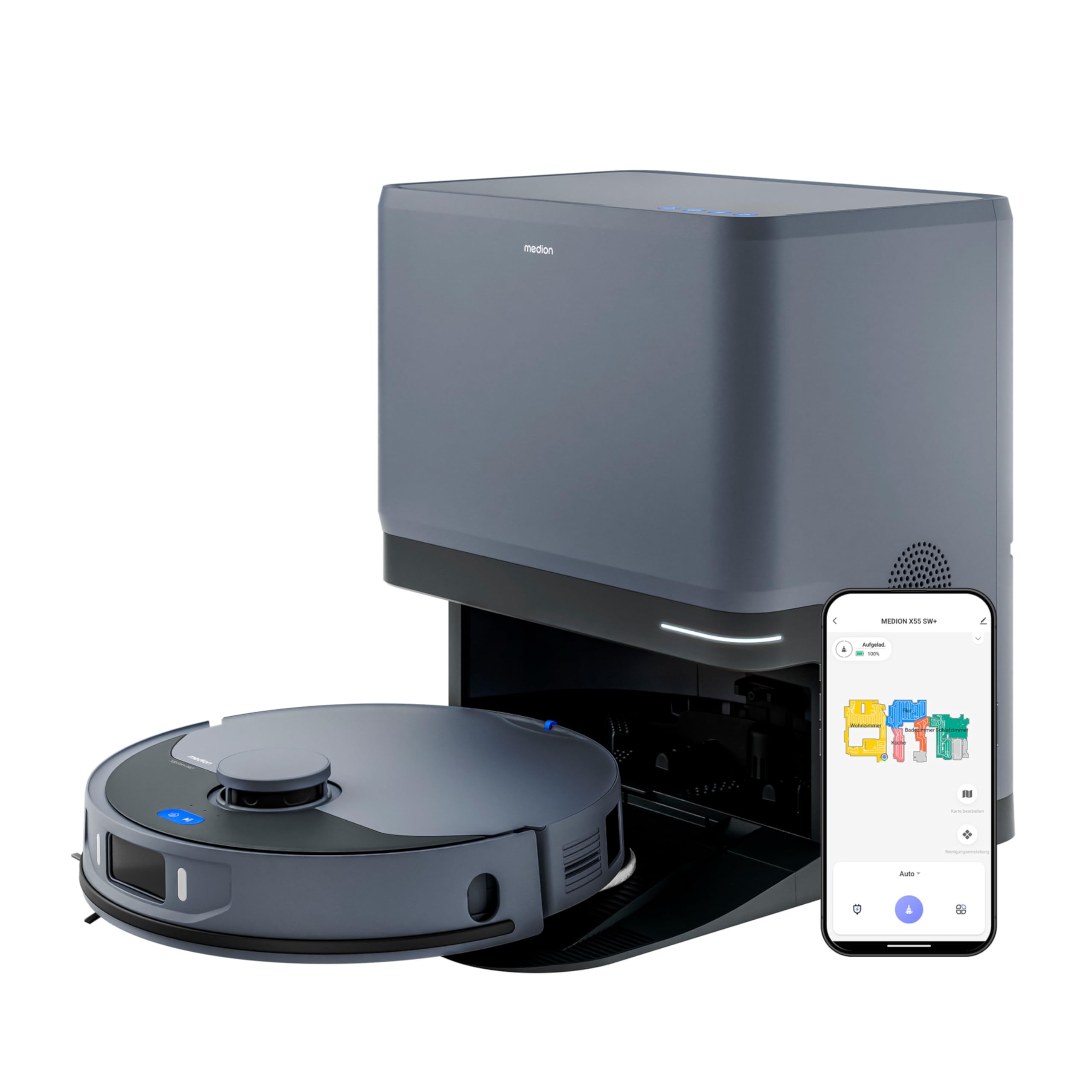 MEDION Saugroboter mit 3-in-1 Absaugstation, Lasernavigation und Wischfunktion X55 SW+ Pro (Starke 10000Pa Saugkraft, 2in1 Roboterstaubsauger, rotierende Wischmopps, Kreuzlinienlaser)