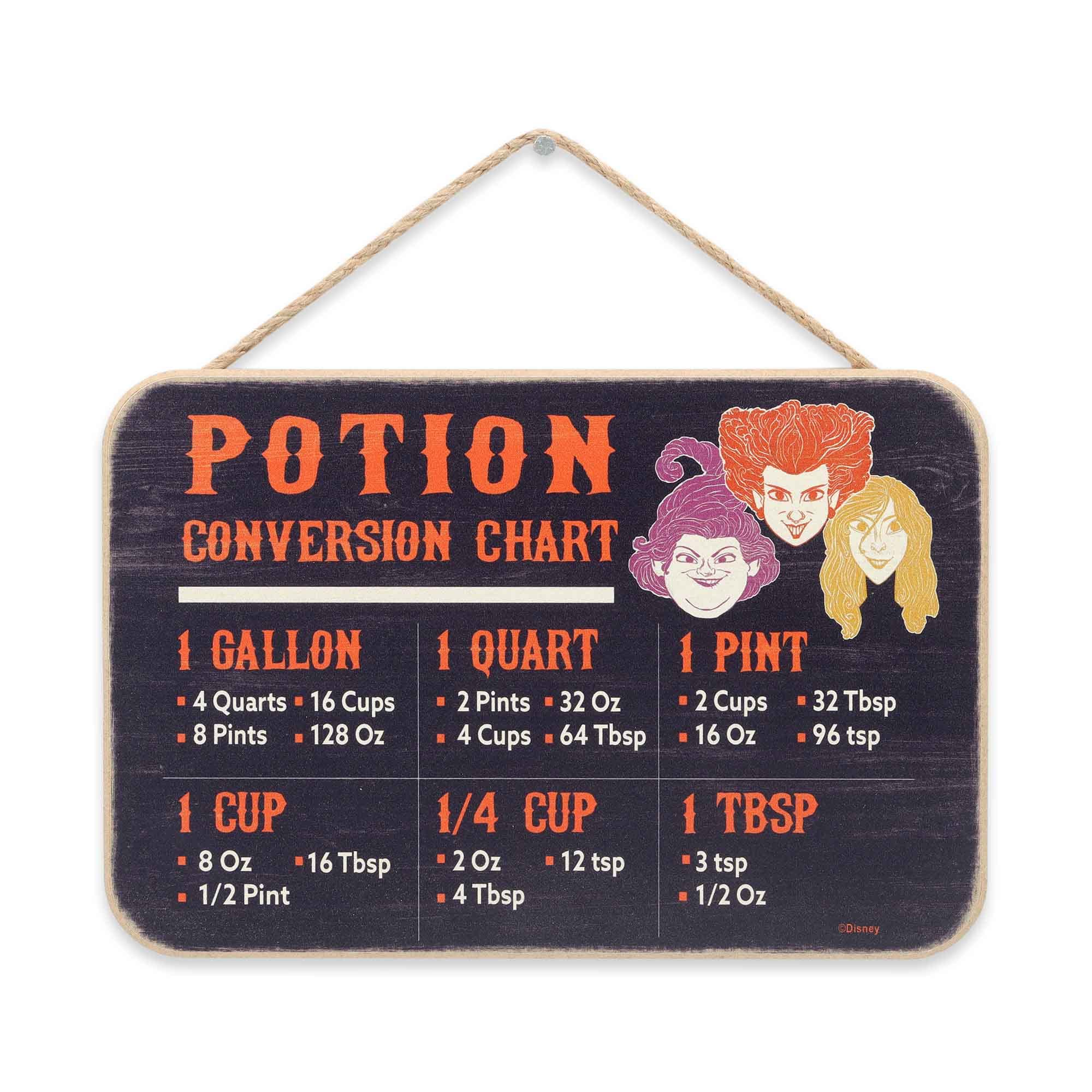 Disney Hocus Pocus Hanging Wood Measuring Sign - Potion Conversion Chart for Kitchen or Halloween Decor