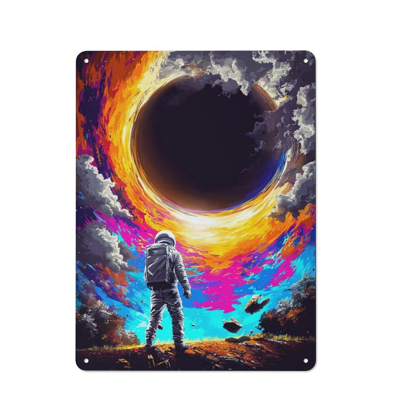 Junmoney Astronaut Facing A Colorful Black Hole Understated Decorative Metal Sign 40X30cm Featuring Study Room Decor For Workspace, Cafe, Shop Or Desk Area