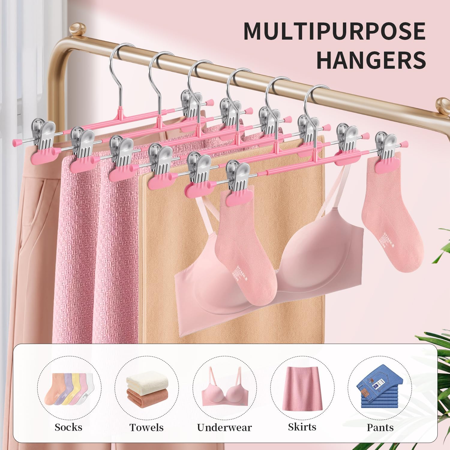 HUADYMEET 20 Pack 14Inch Pants Hangers with Wide Clips,Metal Trouser Hanger for Jeans.Space Saving Skirt Hangers Heavy Duty Non-Slip Adjustable Clothes Shorts Hanger for Women,Men,Pink