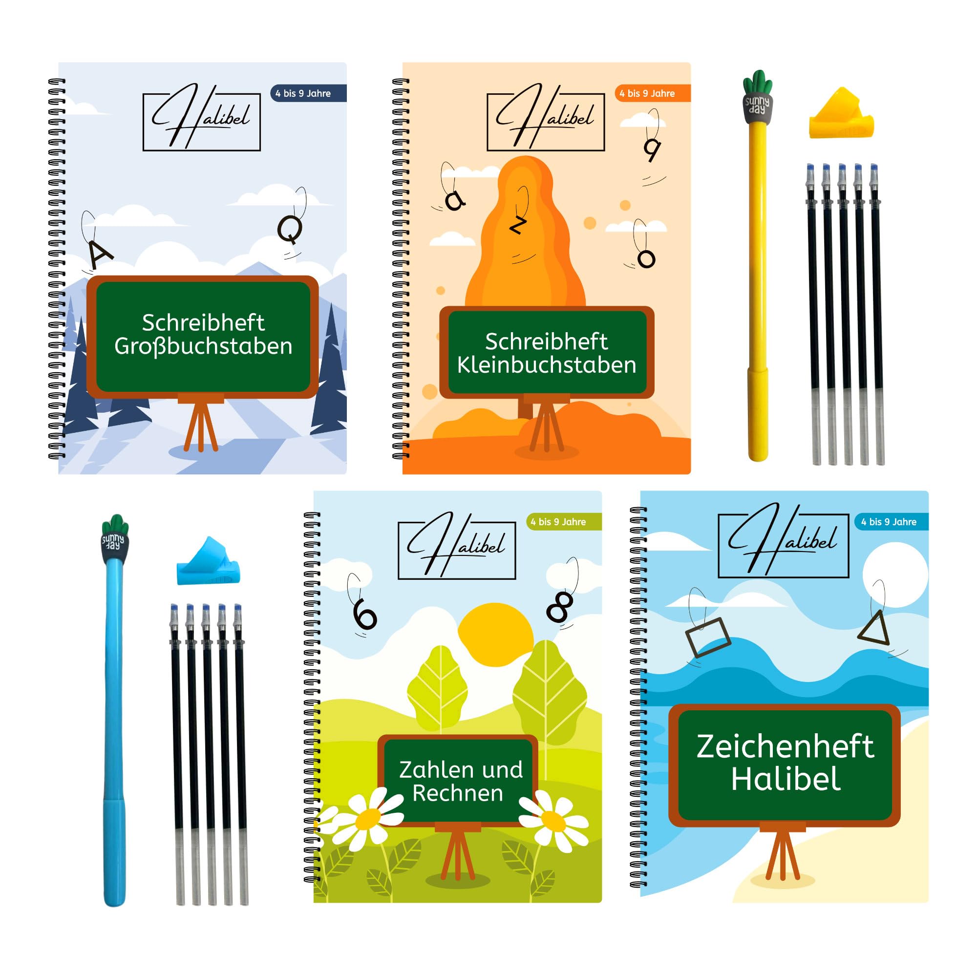 Cuaderno mágico de 4 a 9 años -4 cuadernos reutilizables para niños – Cuaderno de ejercicios preescolar, aprender a escribir, cuaderno de escritura para niños y niñas -2 bolígrafos, 2 asas, 10