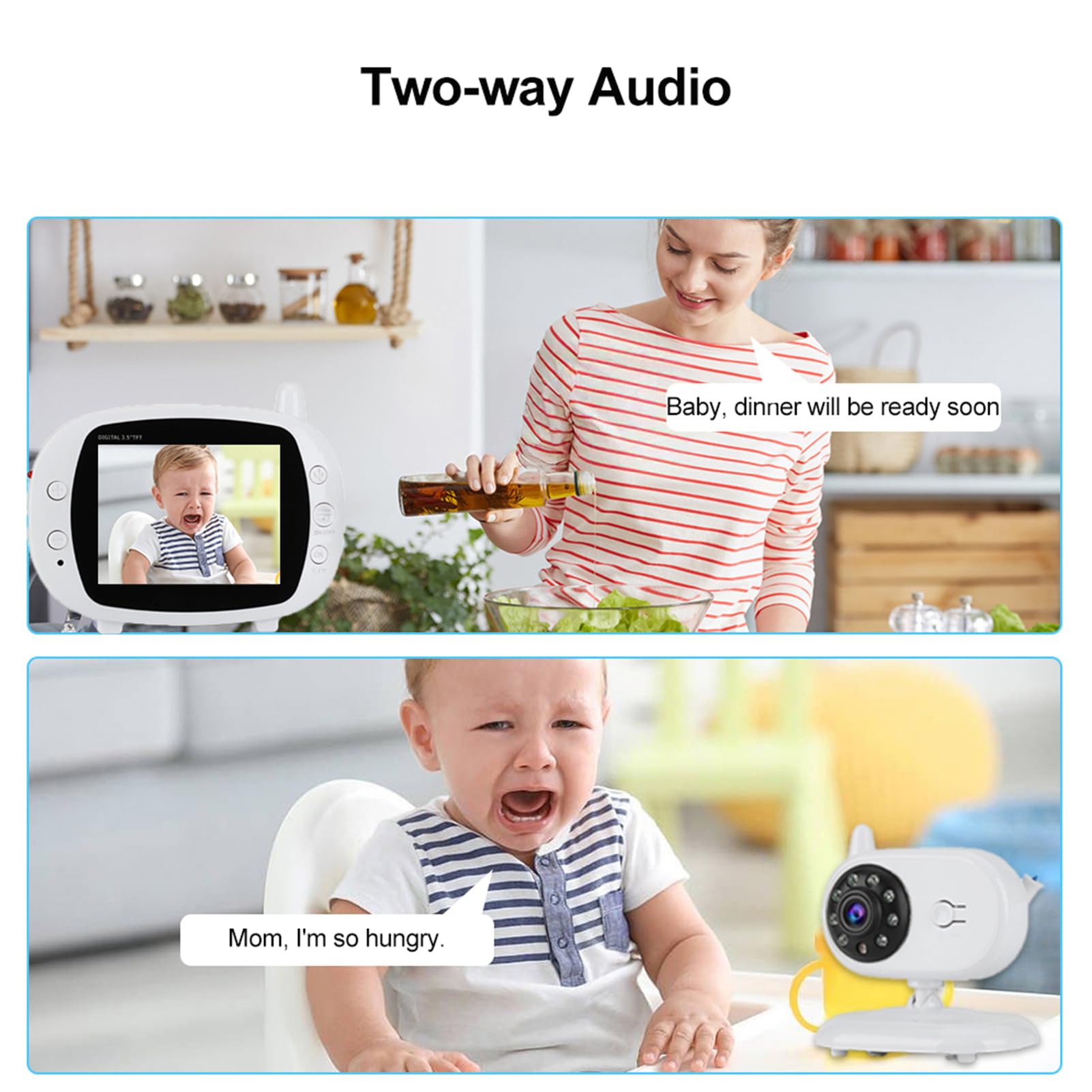 Elektroniczna Niania Wideo z kamerą i Dźwiękiem, 3,5-calowy Ekran IPS Kamera do Elektronicznej Niani z Noktowizorem 2-kierunkowe Kołysanki Audio, Kamera dla Zwierząt Domowych