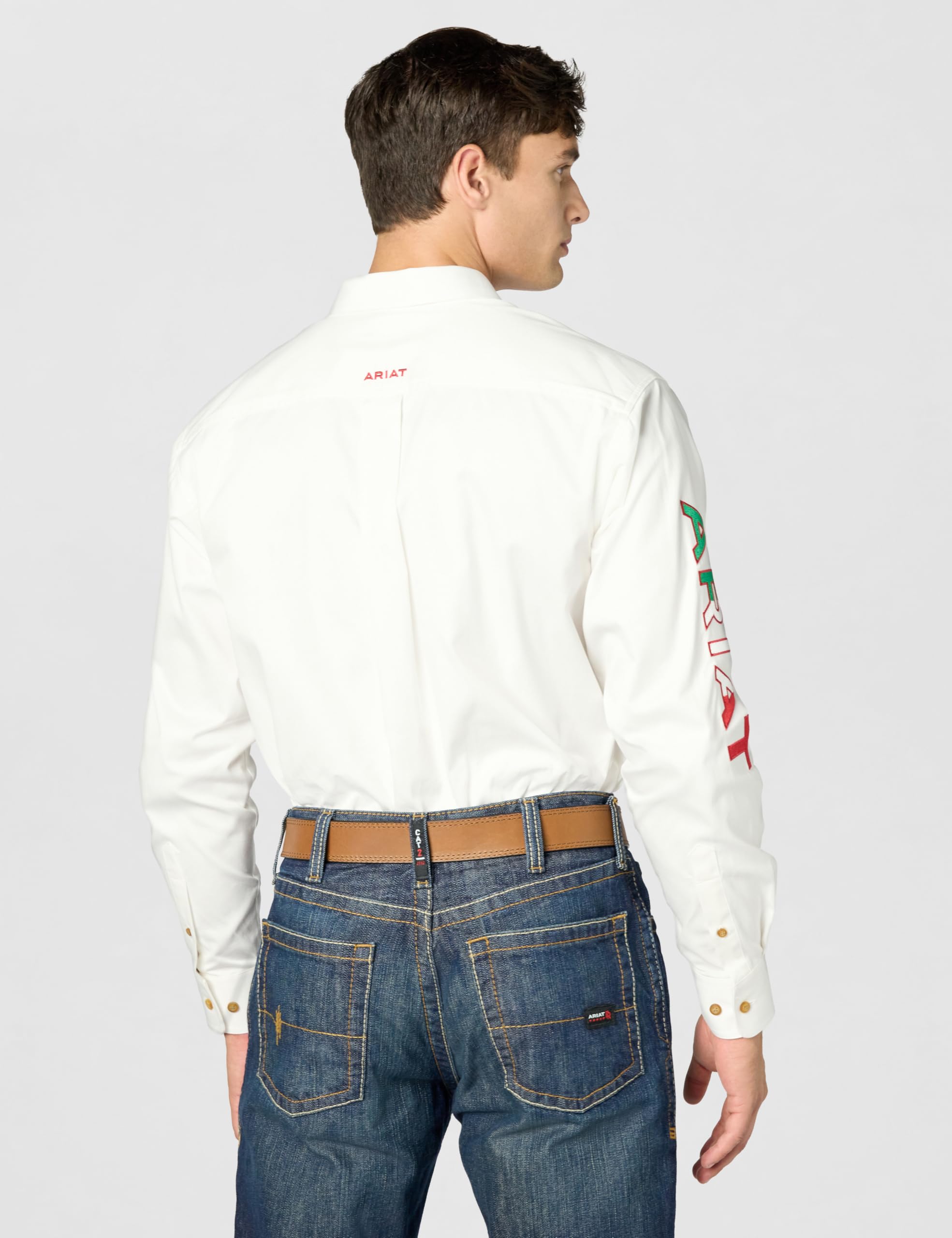 ARIAT Logotipo del Equipo Sarga Clásico Largo Blanco México Camisa Abotonada Hombre