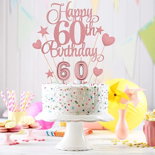 Miniatura 4 de El juego de decoraciones para tartas de 60 cumpleaños incluye velas de cumpleaños 60 con número 60 velas para pasteles y adornos de feliz cumpleaños