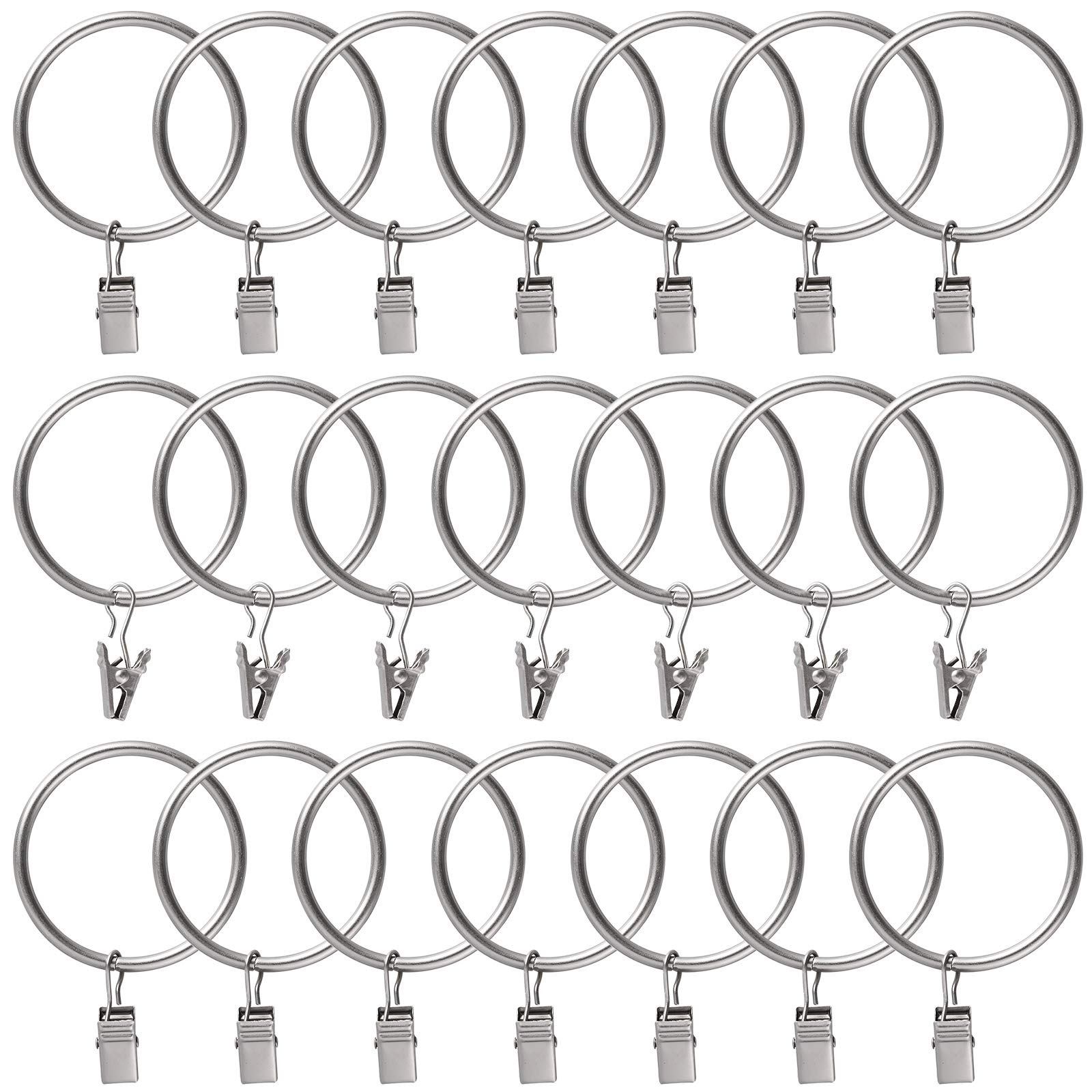 Lansian Metal Curtain Rings with Clips Drapery Rings Stainless Steel, 20Pcs Tension Curtain Hangers Clips, Decorative Curtain Rod Window, Matte Silver