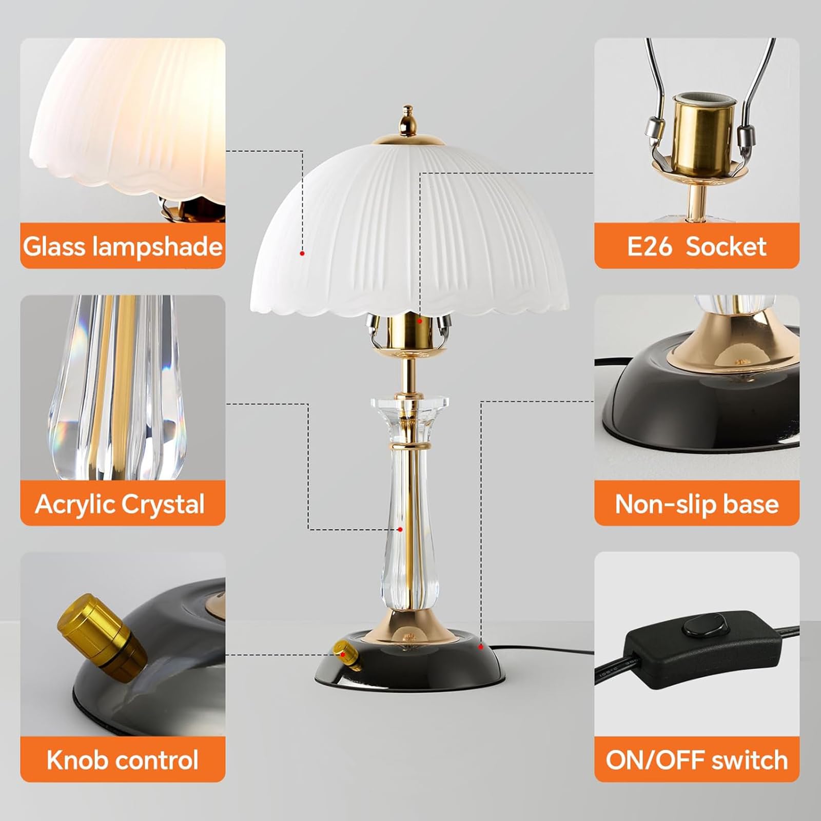 Lampa Stołowa LED, Lampa Biurkowa Do Sypialni Z Kloszem Z Białego, Matowego Szkła I Kryształową Kolumną, Ściemniana Lampka Nocna Z 3 Regulowanymi Trybami Oświetlenia, Do Biura Gabinetu Salonu