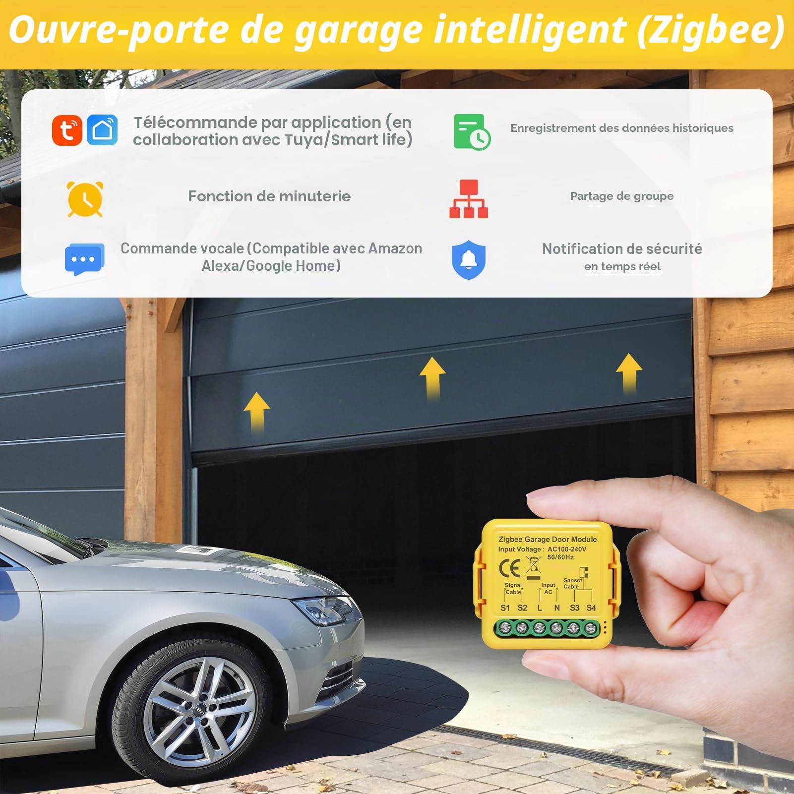 Ouvre-porte de garage intelligent Zigbee, SOARFLY ouvre portail connecté avec application Tuya & Smart Life, module pour ouverture de portail, compatible avec Alexa & Google Assistant, hub non inclus