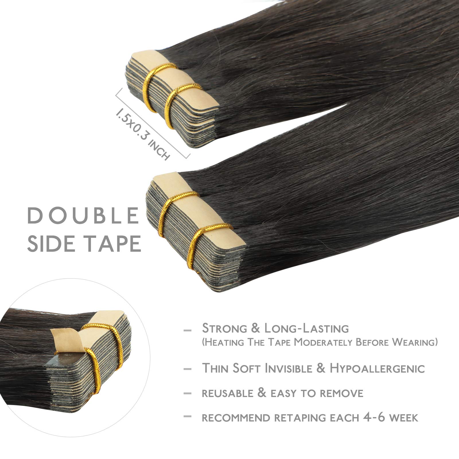 WENNALIFE Tape Extensions Echthaar, 20pcs 50g 60cm 24 Zoll Natürliches Schwarz Remy Invisible Tape Extensions Seidig Gerade Echthaar Extensions Skin Weft Tape Ins - 3