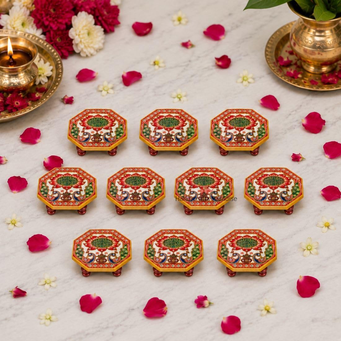 Handicrafts Paradise 4 x 4 Inch Set of 10 Marble Pooja Chowki with Lotus & Peacock Painted Handmade Marble Bajot for Mandir Home Temple Diwali & Festive Decor