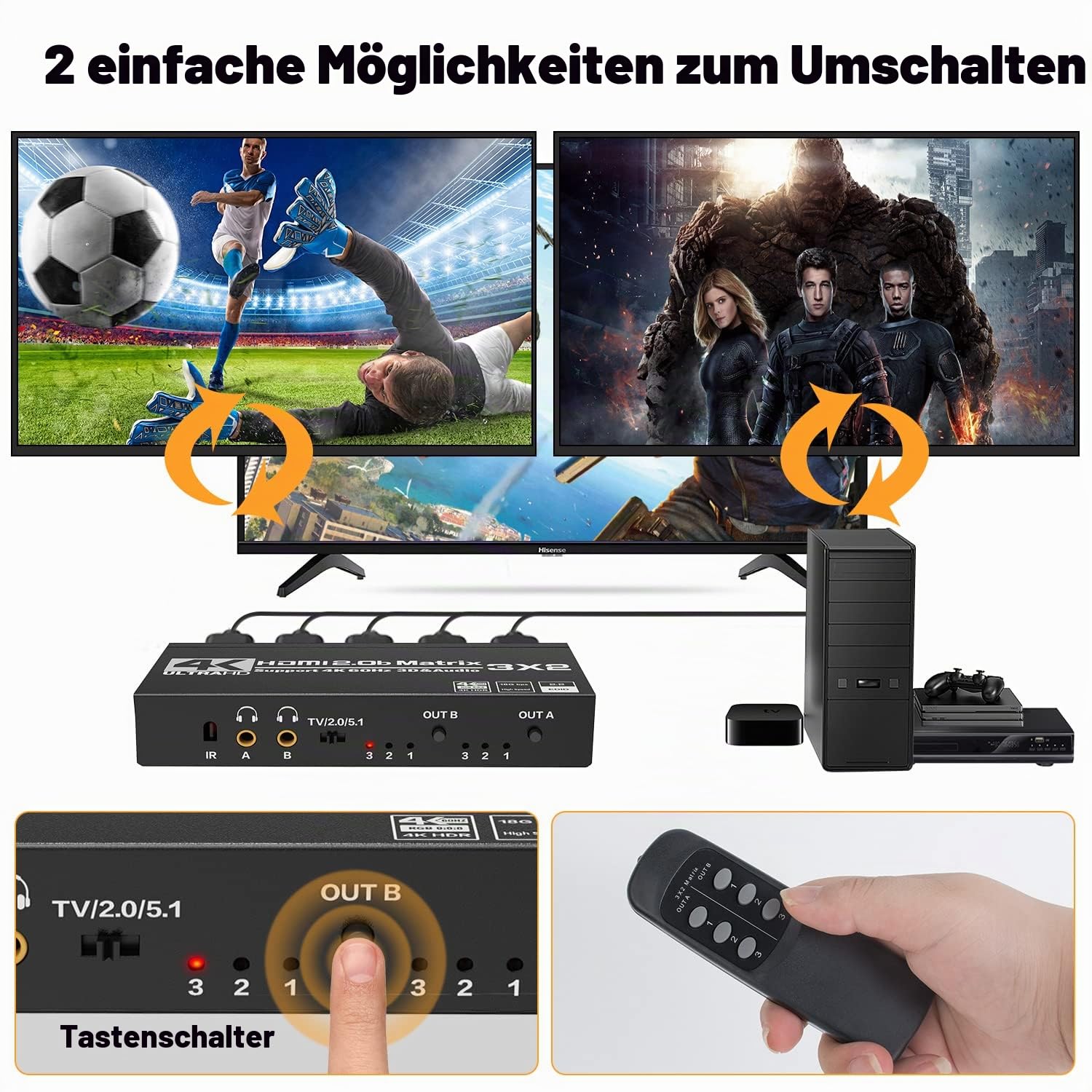 Tendak HDMI Matrix 3x2, 4K@60Hz HDMI Switch Matrix 3 In 2 Out Umschalter + Optisch Spdif & 3,5mm Stereo Audio Extractor Splitter Unterstützt HDCP 2.2 HDR 3D mit IR-Fernbedienung
