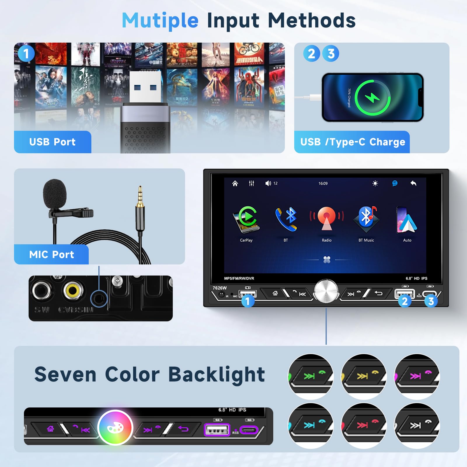 Alondy Autoradio 2 DIN met 6,8 scherm Touchscreen, Compatibel met Wireless Apple CarPlay/Android Auto Bluetooth Achteruitrijcamera AM/FM/RDS Radio Type-C USB 2.1A snel opladen